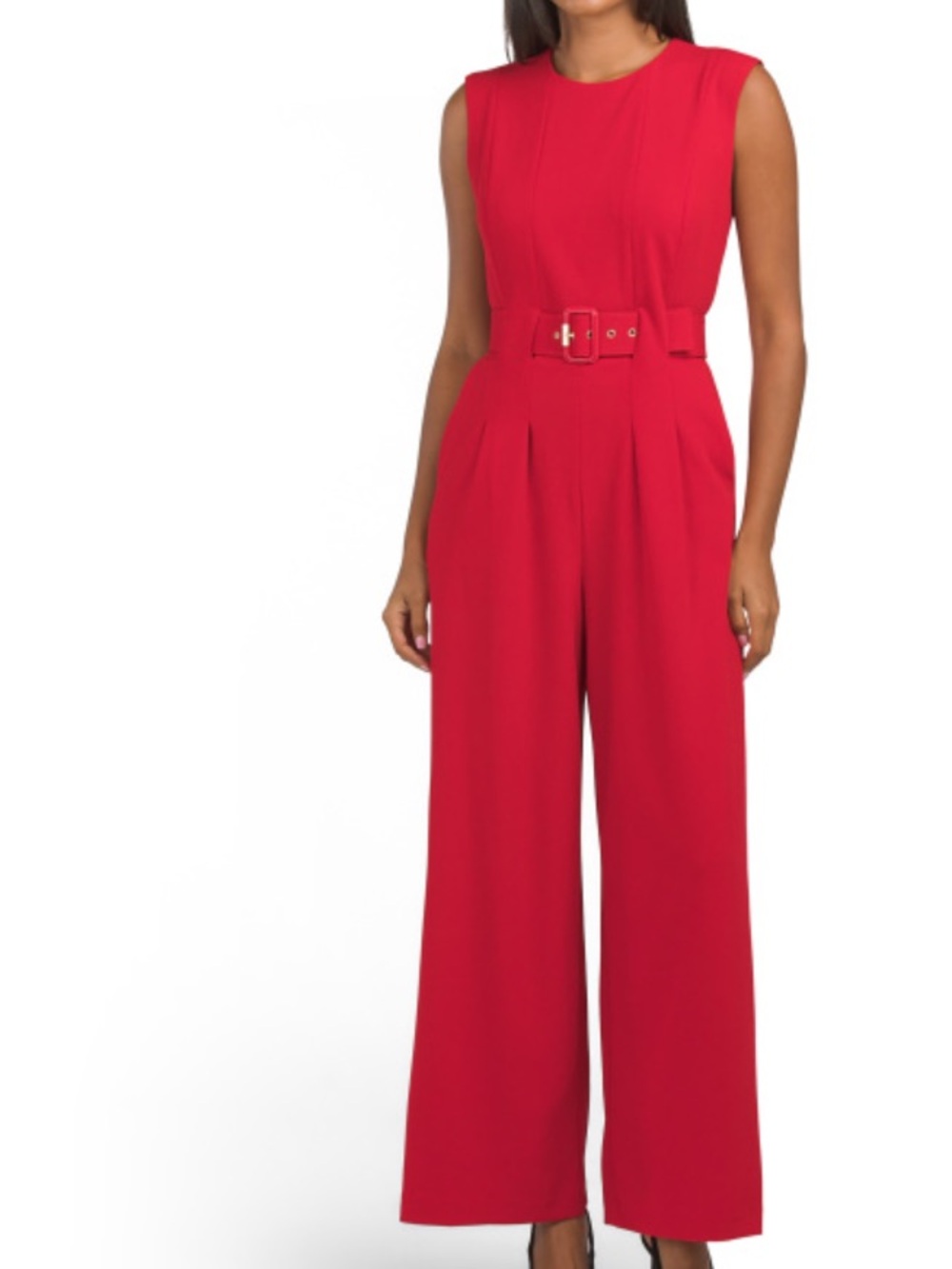 Calvin Klein Sleeveless Red Belted Wide-Leg Jumpsuit